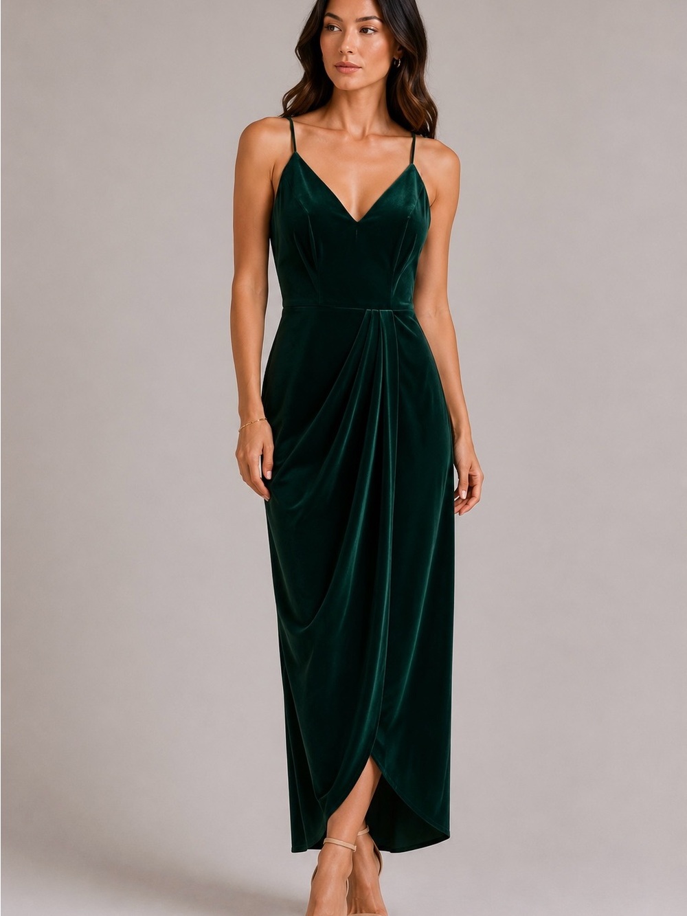 Xscape Emerald Green Velvet Midi Dress with V-Neck and Spaghetti Straps